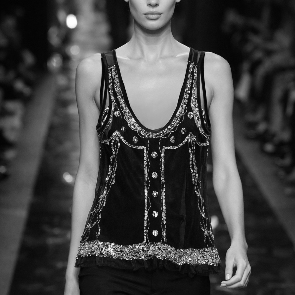 Sequined Black Mesh Layered Tank Top